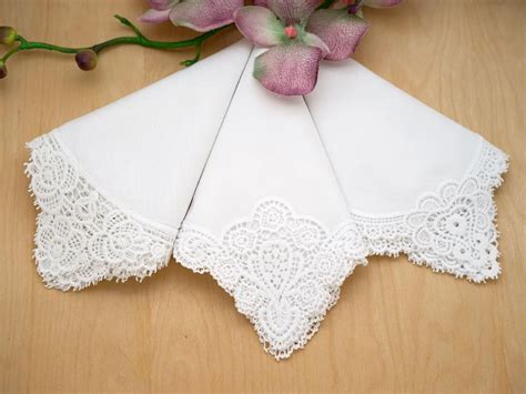 Bridal Set Of 3 Different Cluny Lace Wedding Handkerchiefs Embroidered