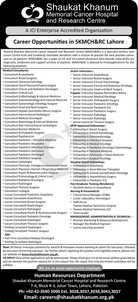 Shaukat Khanum Hospital Lahore Jobs 2024 SKMCH RC Latest In Lahore