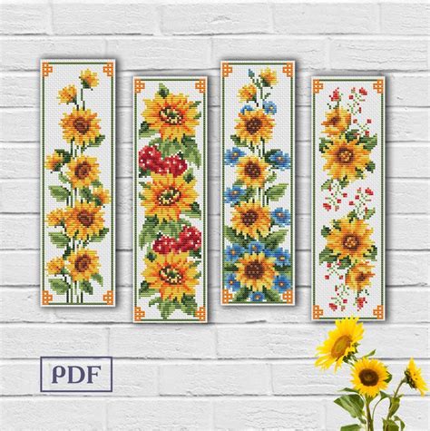 4 Bookmarks Cross Stitch Pattern Sunflowers And Wildflowers Instant