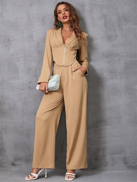 Shein X Calle Y Poch Shein Priv Zip Up Blazer Wide Leg Pants