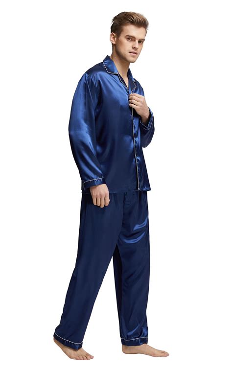 Mens Silk Satin Pajama Set Long Sleeve Navy Blue With White Piping