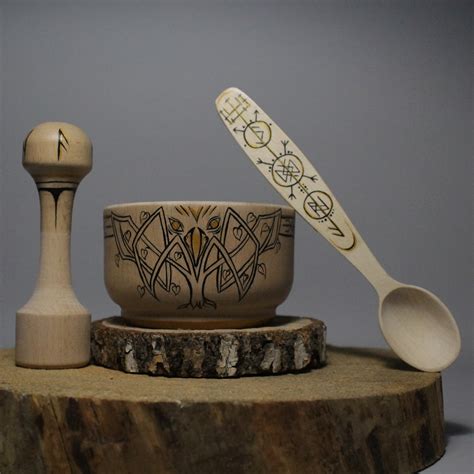 Mortar And Pestle Set With Viking Raven Herb Grinder Carved Wooden Bowl Etsy