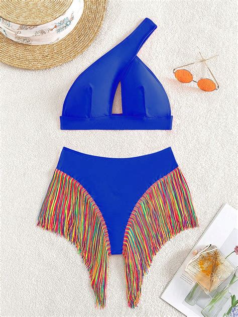 SHEIN Swim Vcay Bañador bikini con abertura bajo con fleco de un hombro