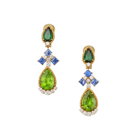 Pair Of Peridot Tourmaline Sapphire And Diamond Earclips Important