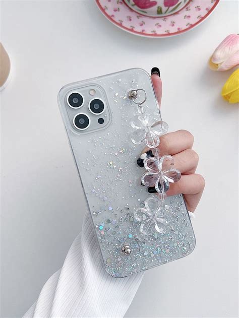 Glitter Phone Case With Floral Hand Strap