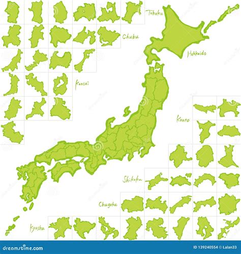 Japan Map Japanese Prefectures Hand Drawn Illustration