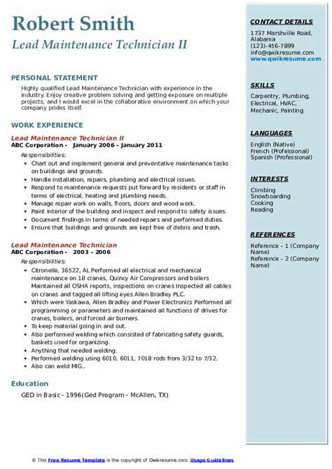 Lead Maintenance Technician Resume Samples Qwikresume