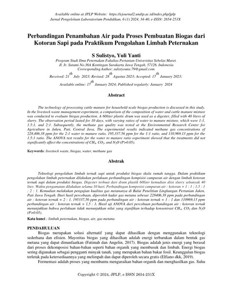 Pdf Perbandingan Penambahan Air Pada Proses Pembuatan Biogas Dari