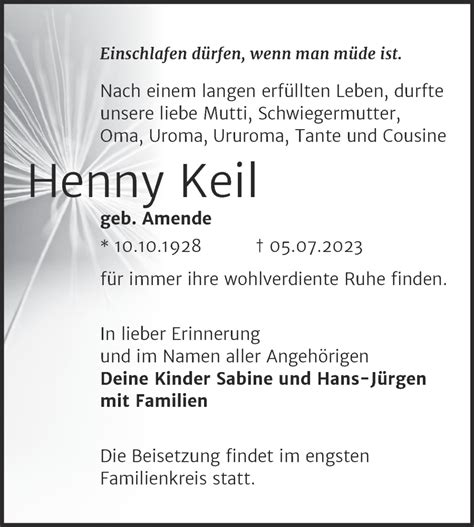 Traueranzeigen Von Henny Keil Abschied Nehmen De