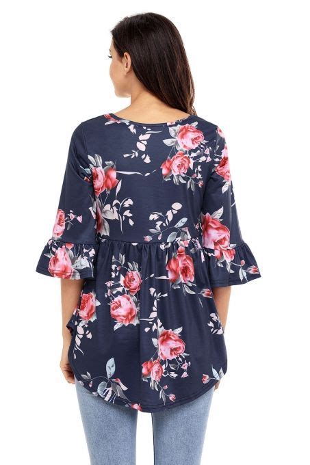 Navy Grounding Floral Print Babydoll Top Floral Blouse Beauty