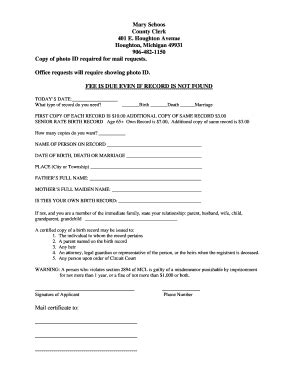 Fillable Online Vital Records Request Form Houghton County Michigan