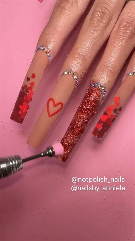 Nude Nails Red Glitter Nails Long Nails Nude Nails Nail Art Designs Valentines Heart