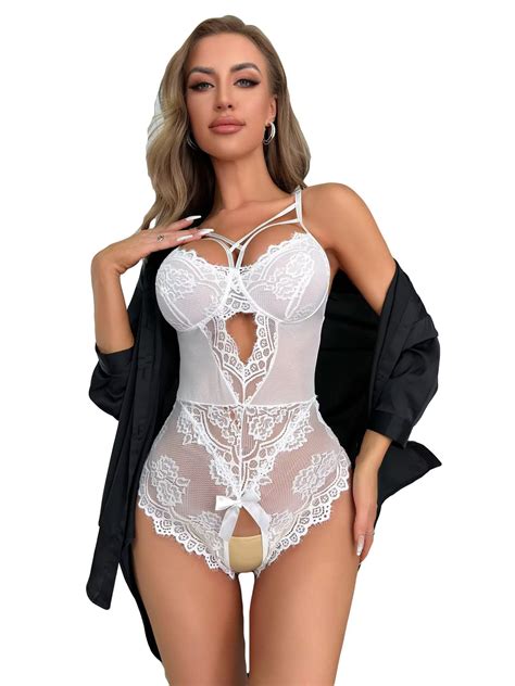 Falainetee Women S Sexy Floral Lace Teddy Bodysuit Cutout Teddy Babydoll Lingerie White L For