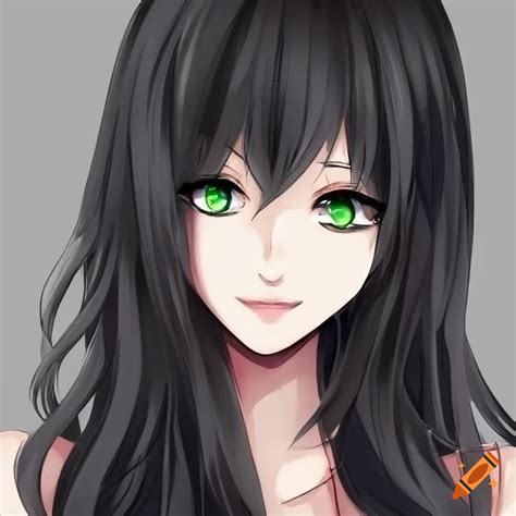 A Beautiful Girl With Wavy Black Hair And Green Eyes Anime Style