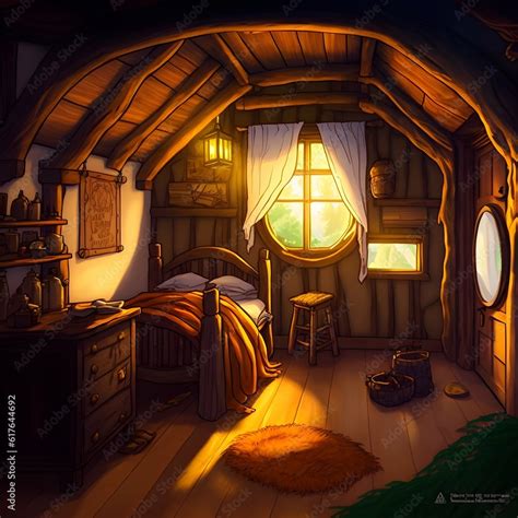 bilbo baggins house interior bedroom wood wall 2d art 2d anime style ...