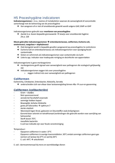 H5 samenvatting semester 1 2e jaar VDK H5 Proceshygiëne indicatoren