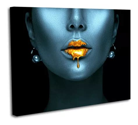 Cuadro Lienzo Canvas X Cm Labios Dorados Mujer Pintura Cuotas Sin