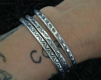 Set Of Stamped Sterling Stacker Cuffs Sun Moon And Pyramids Design