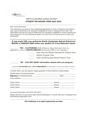 Fillable Online North Clackamas School District Student Fee Waiver Form