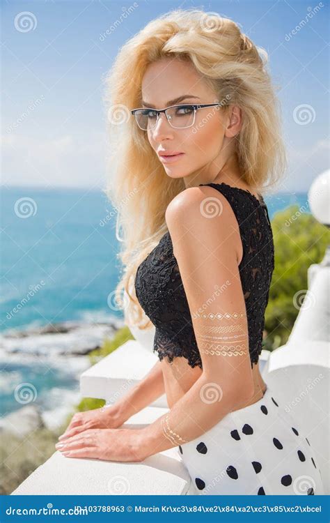 Beautiful Elegant Blonde Female Model In Eyeglasses Stock Image Image Of Carpet Billboard