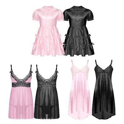 Men S Sissy Satin Silky Lingerie Crossdresser Nightwear Chemise Dress Pajamas Ebay