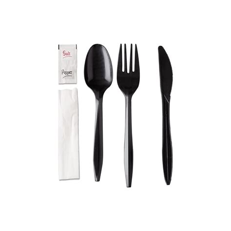 250 Plastic Cutlery Packets - Knife Fork Spoon Napkin Salt Pepper Sets | Black Plastic ...