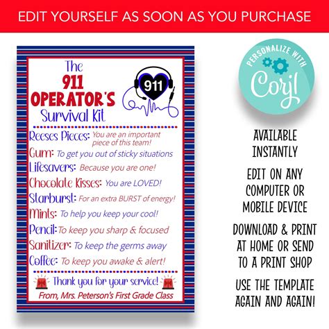 EDITABLE 911 Dispatcher's Survival Kit Tag | 911 Operator Thank You