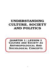 UCSP Week 2 Lesson 2 Docx UNDERSTANDING CULTURE SOCIETY AND POLITICS