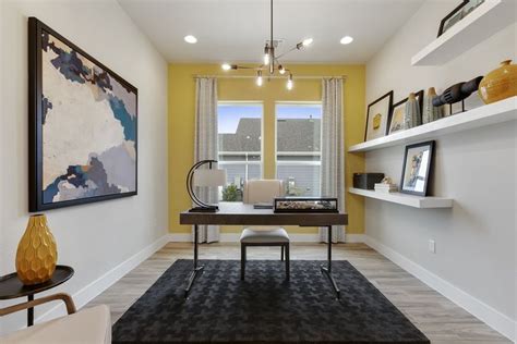 Lemon Yellow Home Office With Floating Shelves Yellow Home Offices