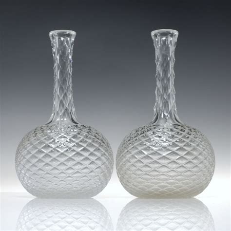 Pair Victorian Facet Cut And Diamond Moulded Glass Wine Carafes C1870 Tableware Exhibit Antiques