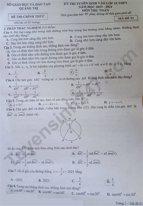 Đề Thi Và đáp án Môn Toán Thi Vào Lớp 10 Tỉnh Quảng Trị