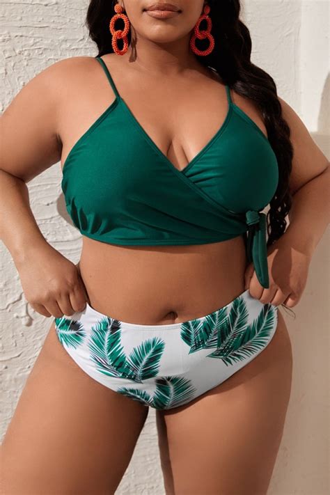 Wholesale Green Sexy Print Bandage Backless V Neck Plus Size Swimwear With Paddings K69889 1