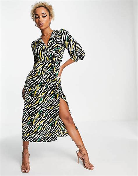 Ax Paris Long Sleeve Wrap Midi Dress In Zebra Asos