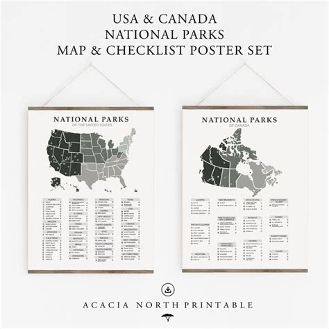 US Canada National Parks Map And Checklist Poster Set 63 US National