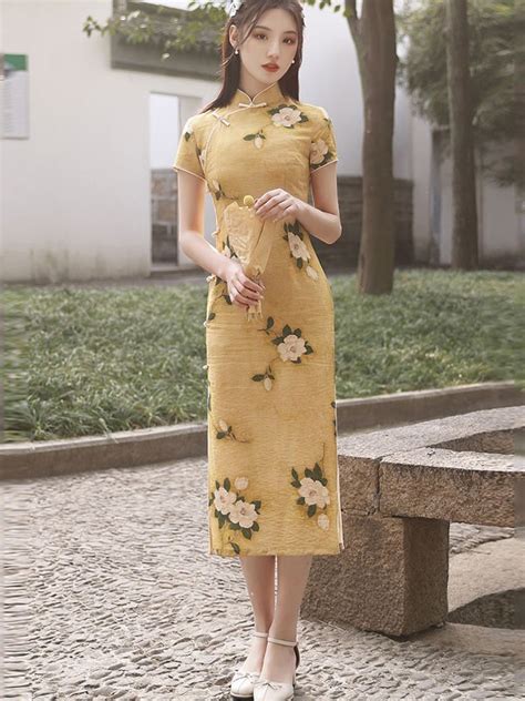 Yellow Floral Tea Length Qipao Cheongsam Dress Cozyladywear