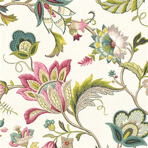 Pink & Blue Jacobean Floral Linen Fabric - Traditional - Upholstery ...