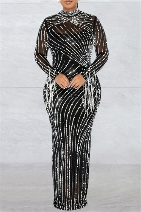 Wholesale Black Sexy Patchwork Hot Drilling See Through Half A Turtleneck Long Sleeve Two Pieces