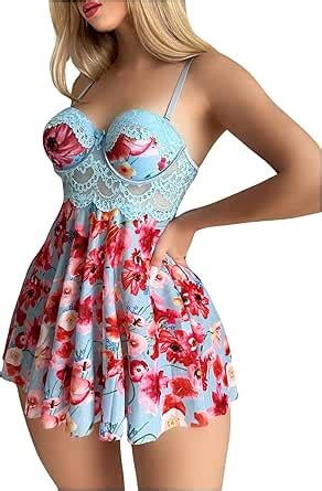 Shenhe Women S Lace Underwire Floral Babydoll Nightgown Flowy Lingerie Dress And Thong Set At