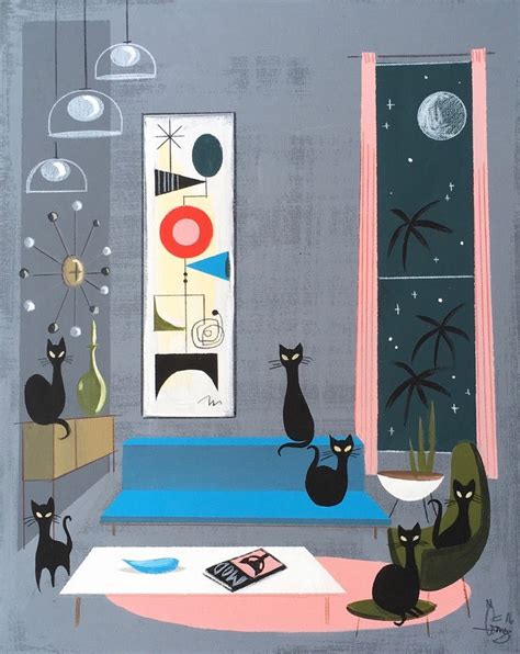 EL GATO GOMEZ PAINTING RETRO 1950 S MID CENTURY MODERN EAMES BLACK CATS