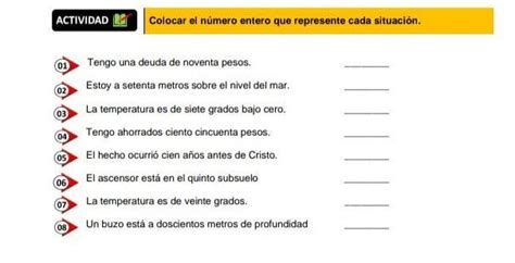 Colocar el número entero que represente cada situación Brainly lat