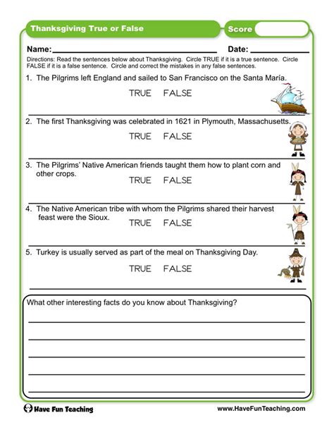 Thanksgiving True Or False Worksheet Have Fun Teaching