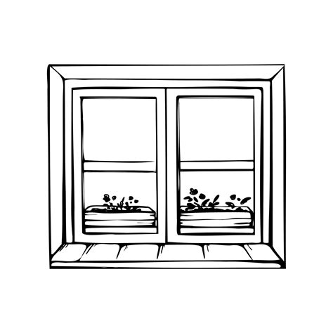 Closed window and flowers sketch. View from the window. Vector hand ...