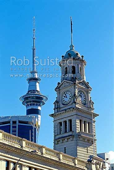 The Auckland Sky Tower Above The Old Auckland Town Hall Clock Tower