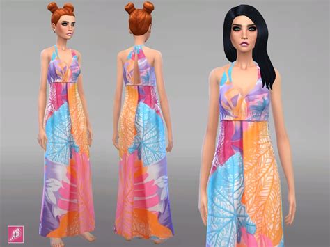 The Sims Resource Neon Floral Halter Maxi Dress