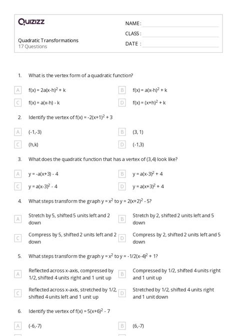 Quadratic Worksheets For Th Grade On Quizizz Free Printable