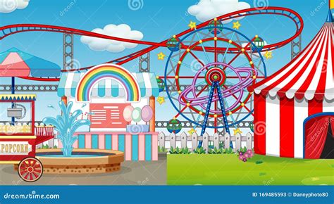 Scene With Many Rides In The Fun Fair Stock Vector Illustration Of