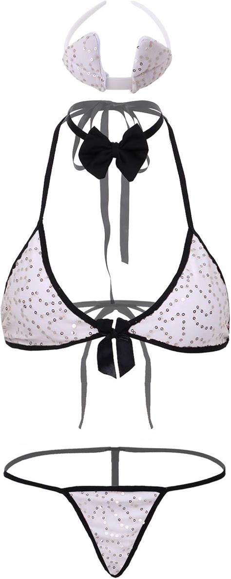 YiZYiF Damen Mini Micro Dessous Neckholder BH G String Set Frauen Glänzende Bikini Push Up Sexy