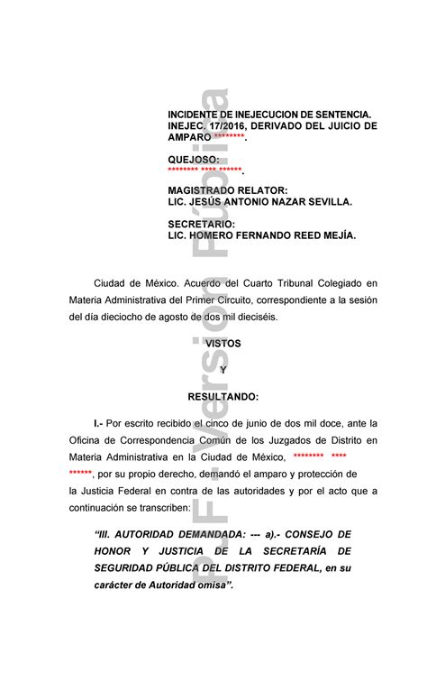 Sentencia 1 Incidente De Inejecucion De Sentencia Inejec 172016 Derivado Del Juicio De