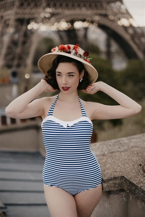 Maritim Collar Stripes Swimsuit Années en Bleu Marine et Blanc Pussy Deluxe Topvintage