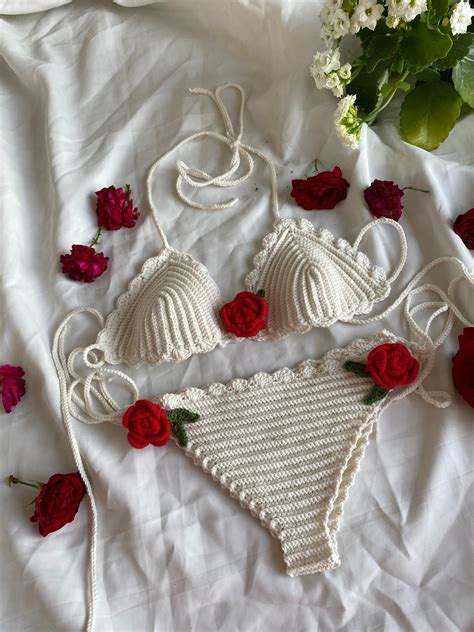 Red Rose Bikini Set Triangle Crochet Bikini Setcrochet Etsy